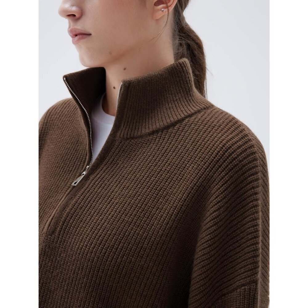Women Brown Oversized Cashmere Collared Ribbed Long Sleeve Sweater - Picture 3 of 7